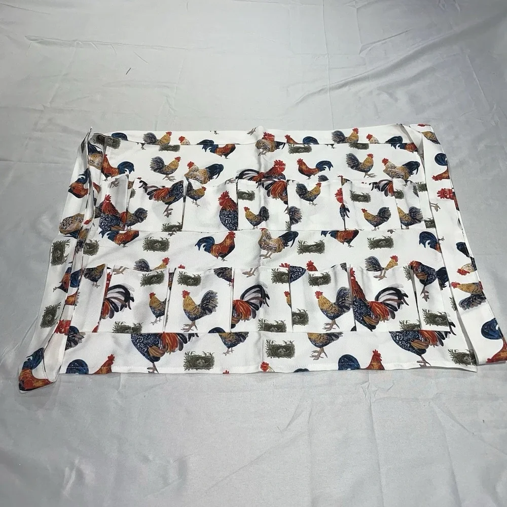 Rooster Print Egg Gathering Apron Farmhouse Multi Pocket Chicken Egg Apron White